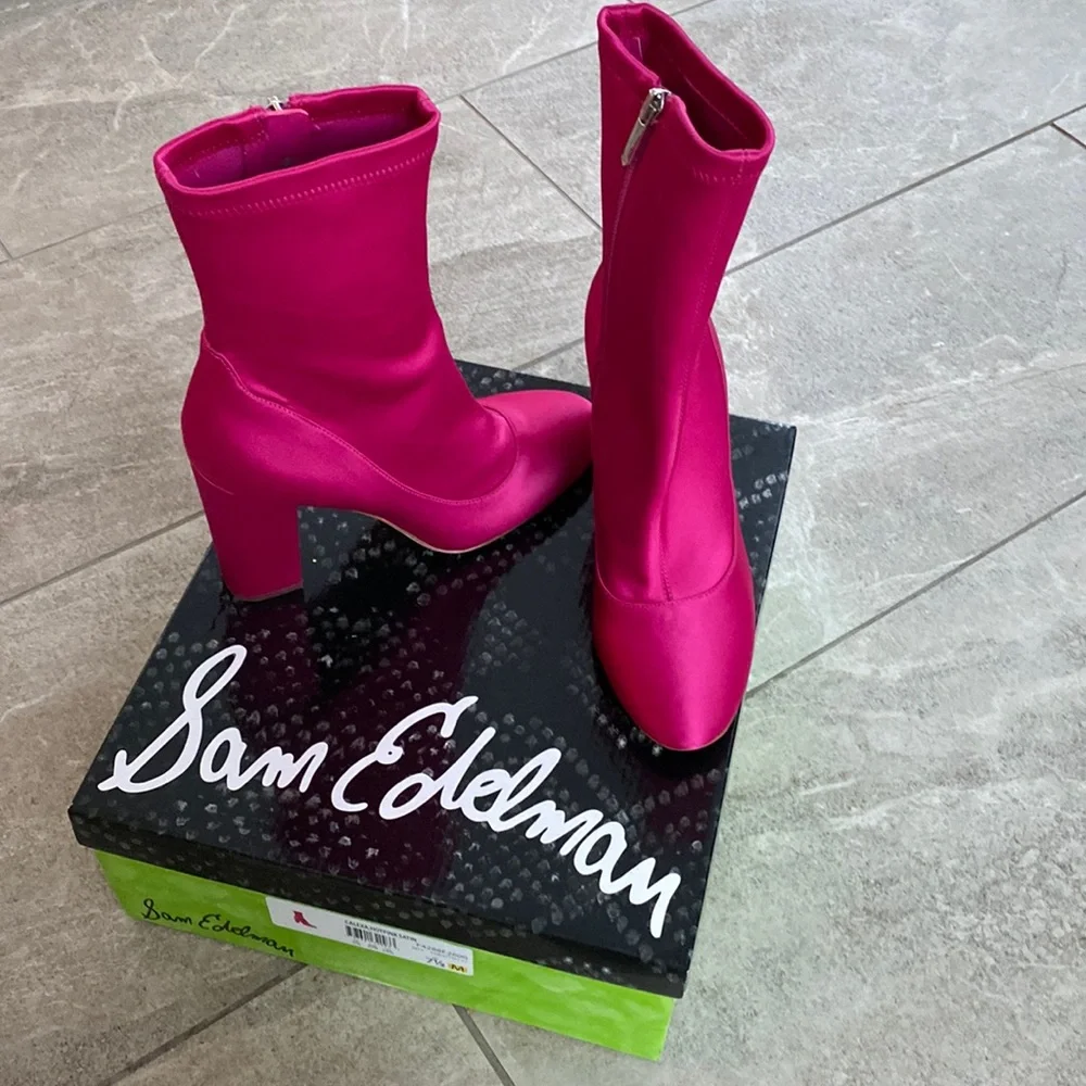 NWT Sam Edelman Calexa Neon Hot Pink Stretch Satin Heeled Sock Boots Size 7.5 - Picture 2 of 6